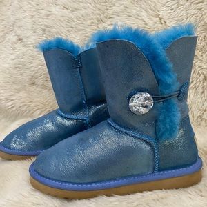 UGG Leather Winter Boots Blue Shimmering Coating Crystal Button size 5